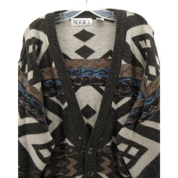 VINTAGE Sweater Large Aggio Gray Wool Cardigan Aztec Southwestern 90s* - Picture 2 of 10